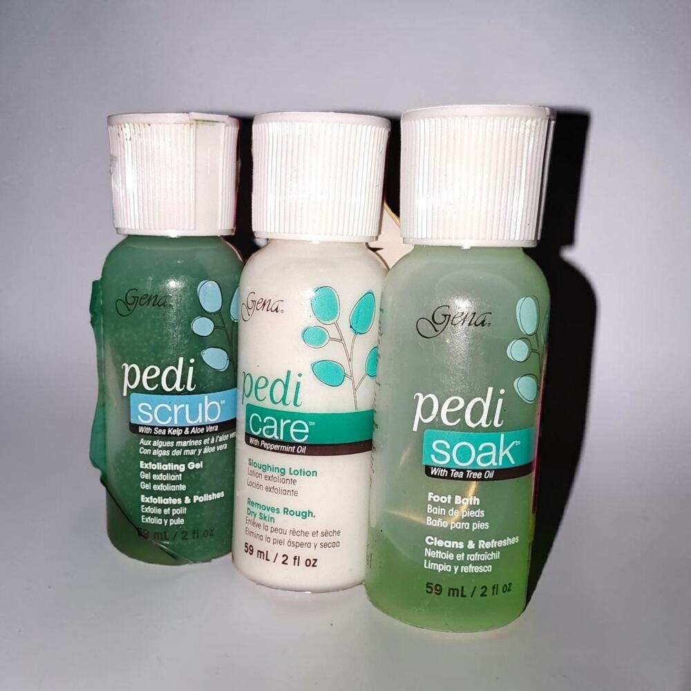 set of three Gena Pedi Spa products, each in a 2 fl oz (59 mL) bottle.The kit...